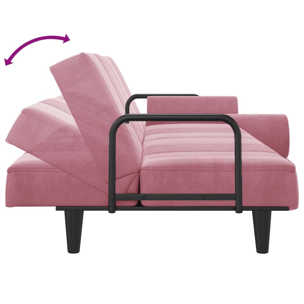 Sofá-cama com apoio de braços veludo rosa