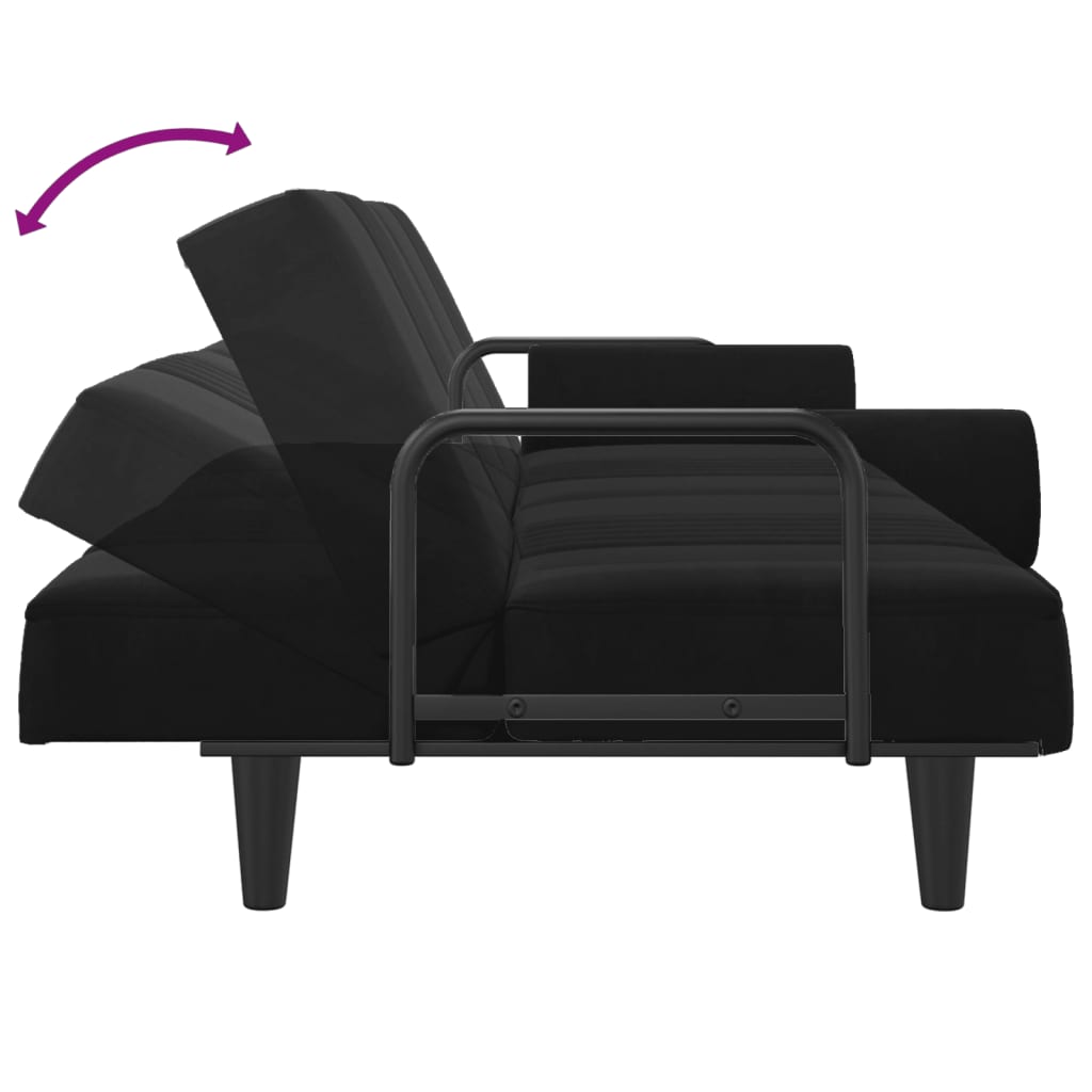 Sofá-cama com apoio de braços veludo preto