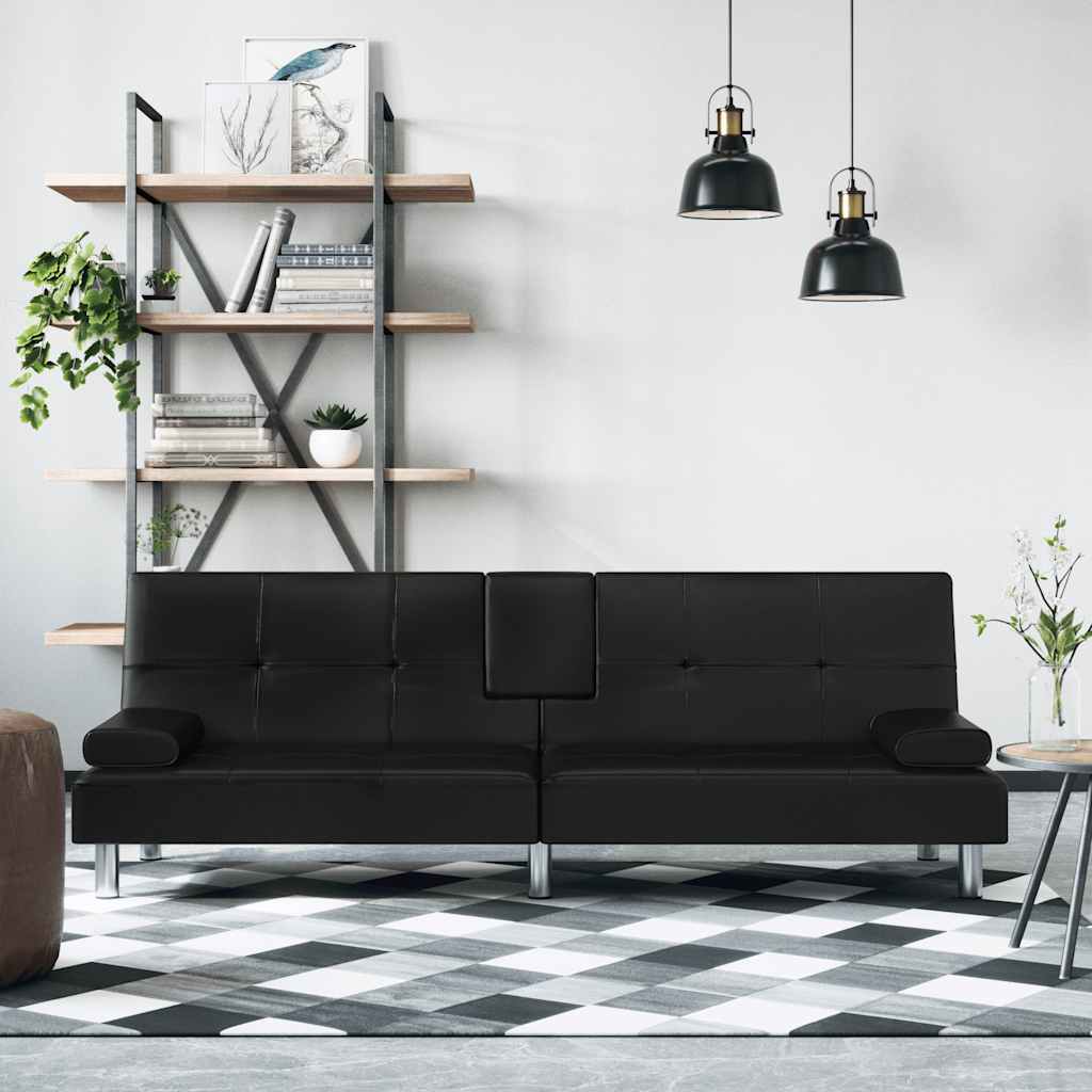 Sofá-cama com suporte para copos couro artificial preto