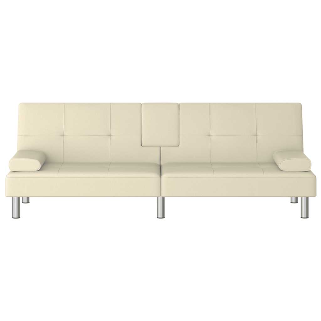 Sofá-cama com suporte para copos couro artificial cor creme