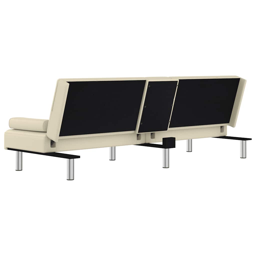 Sofá-cama com suporte para copos couro artificial cor creme