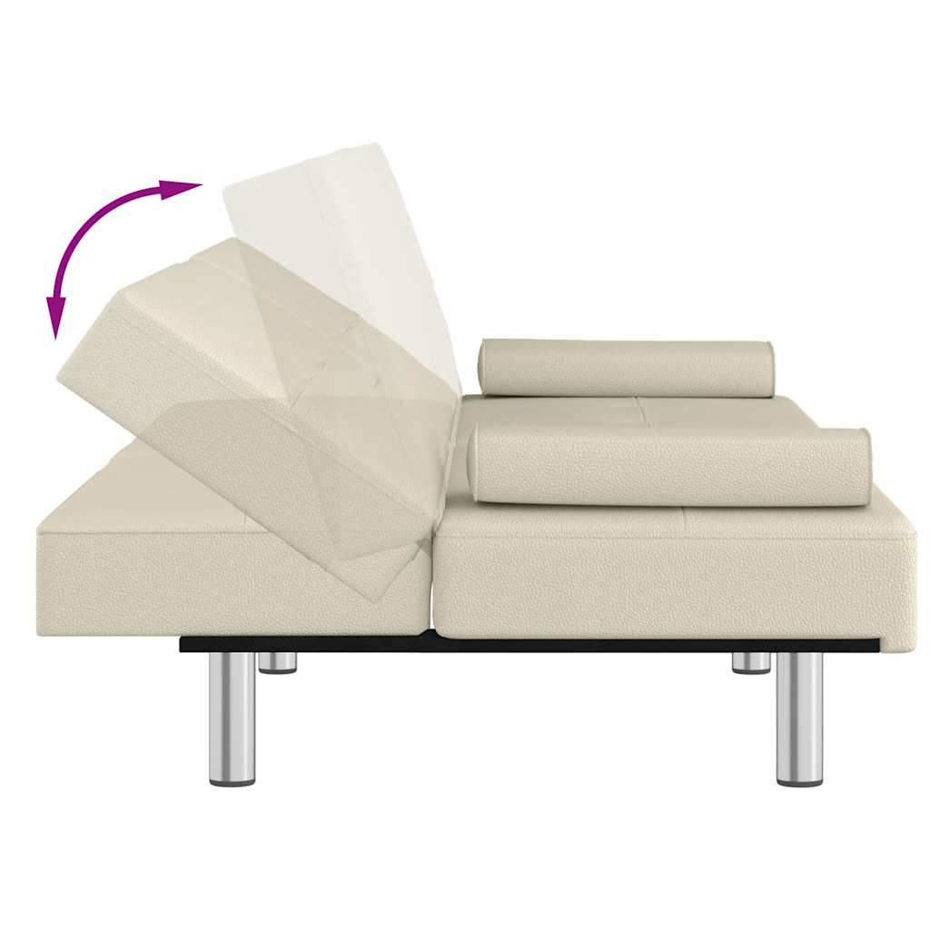Sofá-cama com suporte para copos couro artificial cor creme
