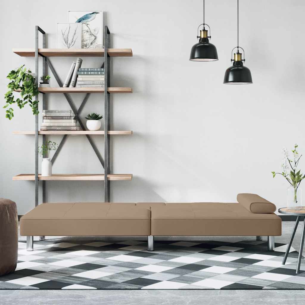 Sofa bed with cup holder in cappuccino-colored faux leather