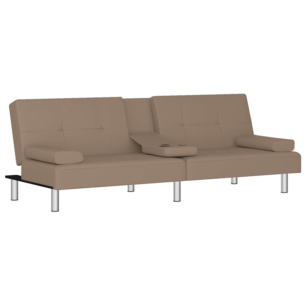 Sofa bed with cup holder in cappuccino-colored faux leather