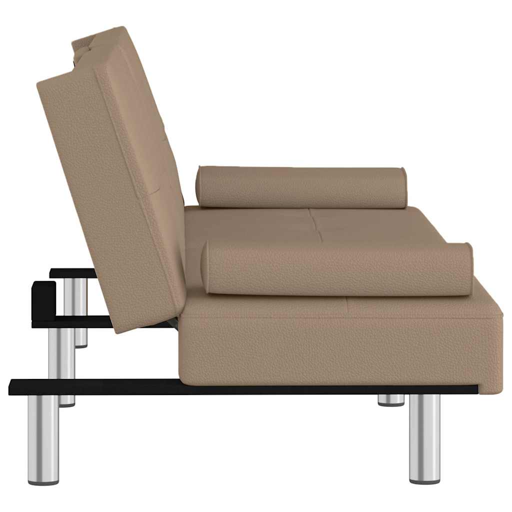 Sofa bed with cup holder in cappuccino-colored faux leather