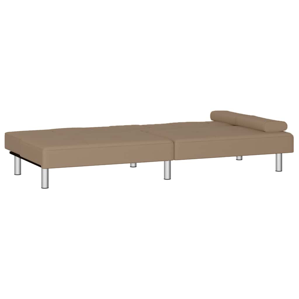 Sofa bed with cup holder in cappuccino-colored faux leather