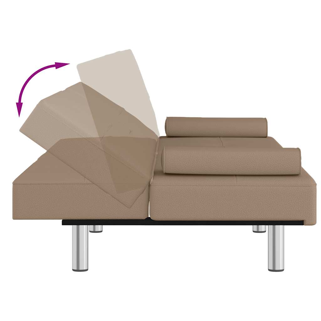Sofa bed with cup holder in cappuccino-colored faux leather