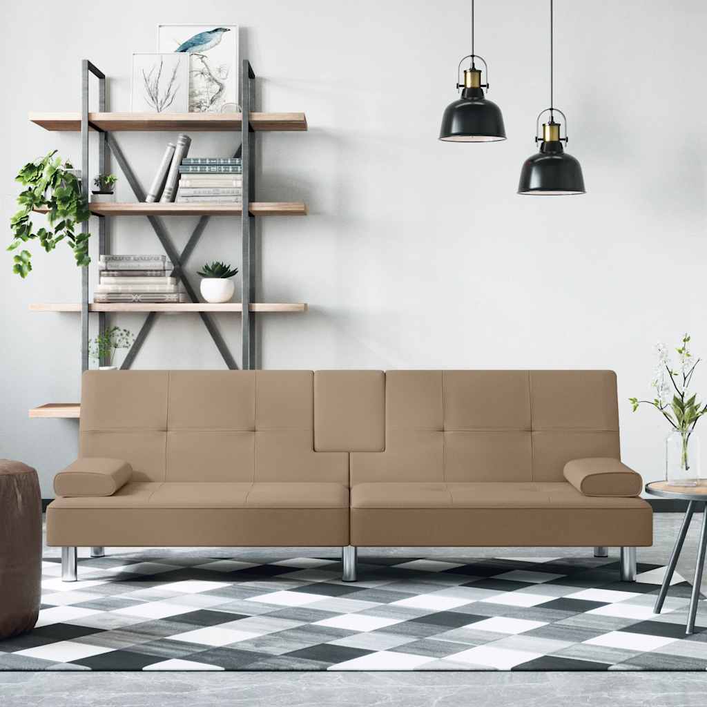 Sofa bed with cup holder in cappuccino-colored faux leather
