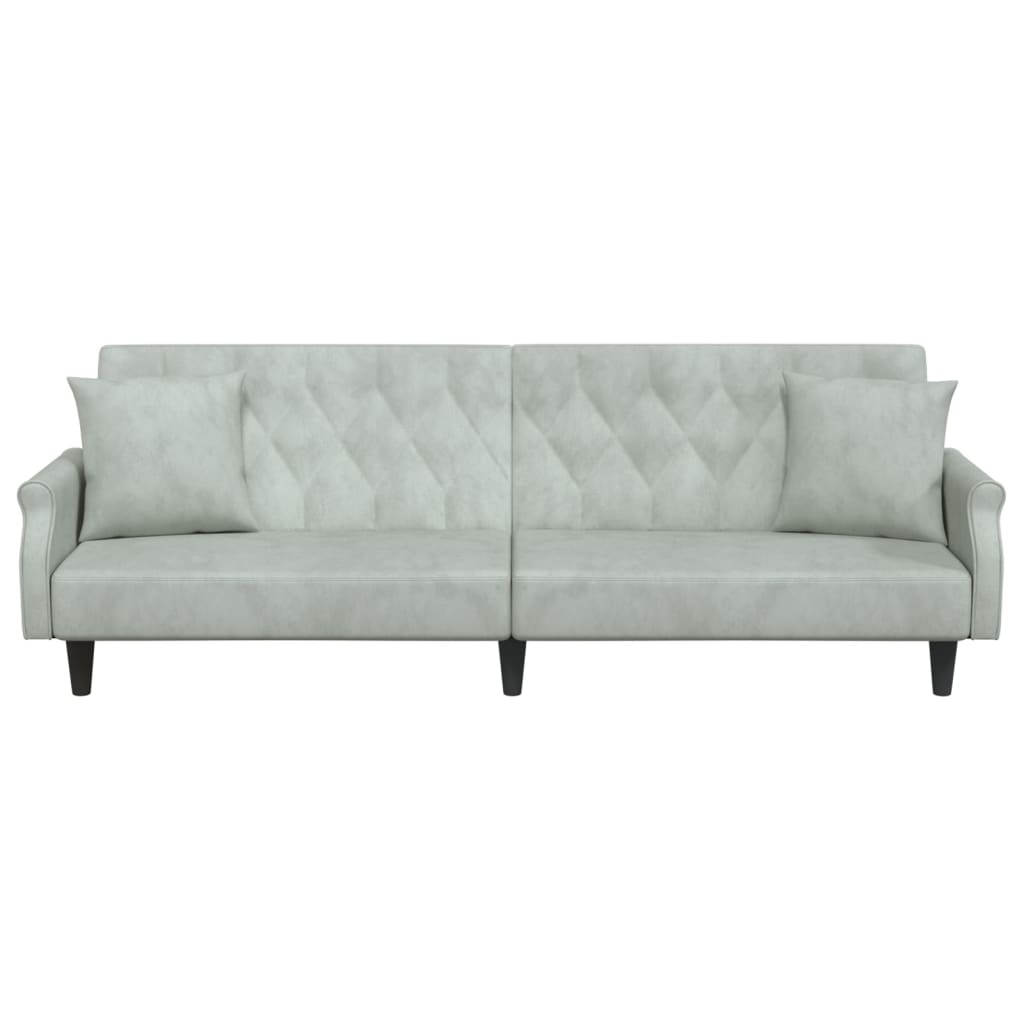 Light grey velvet sofa bed with armrests