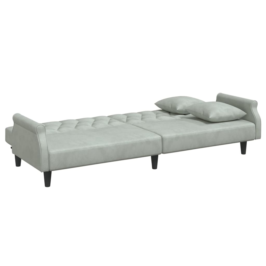 Light grey velvet sofa bed with armrests