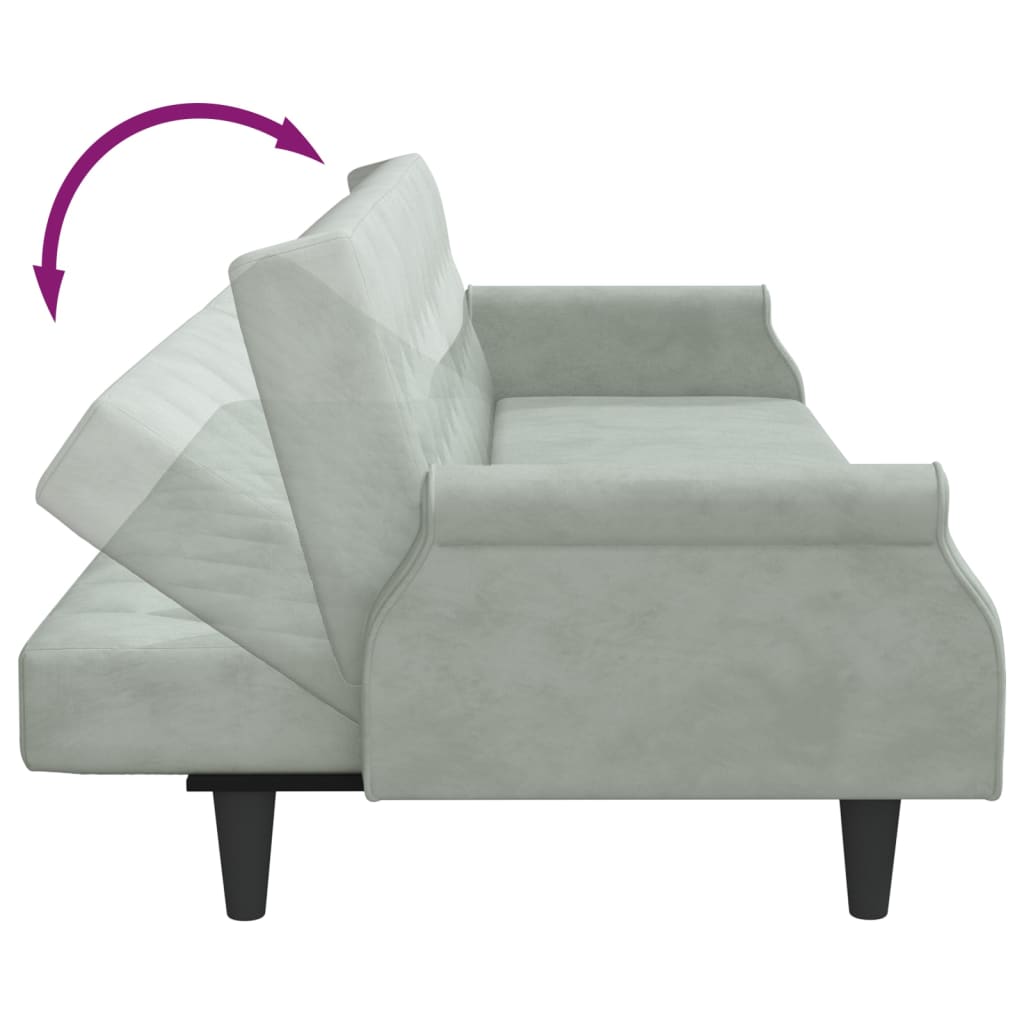 Light grey velvet sofa bed with armrests