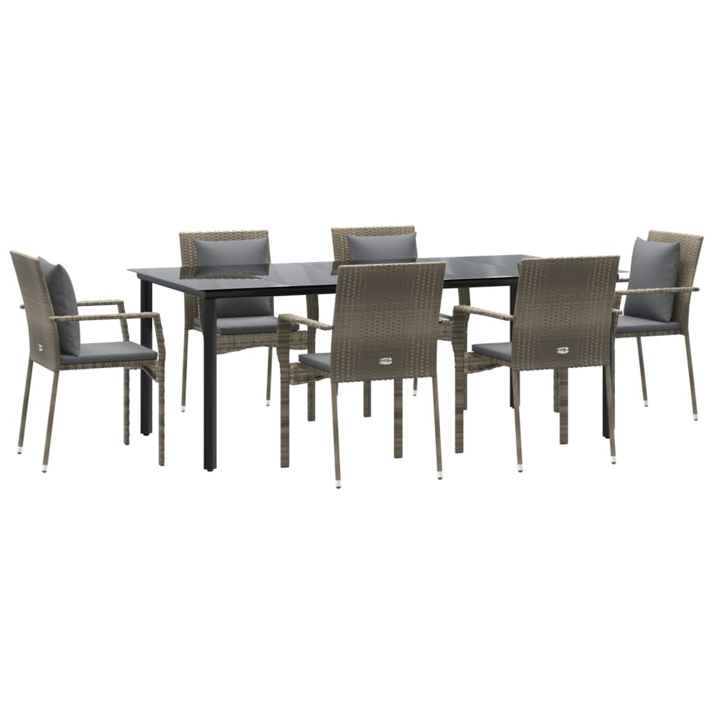 7 pcs conjunto jantar jardim c/ almofadões vime PE preto/cinza