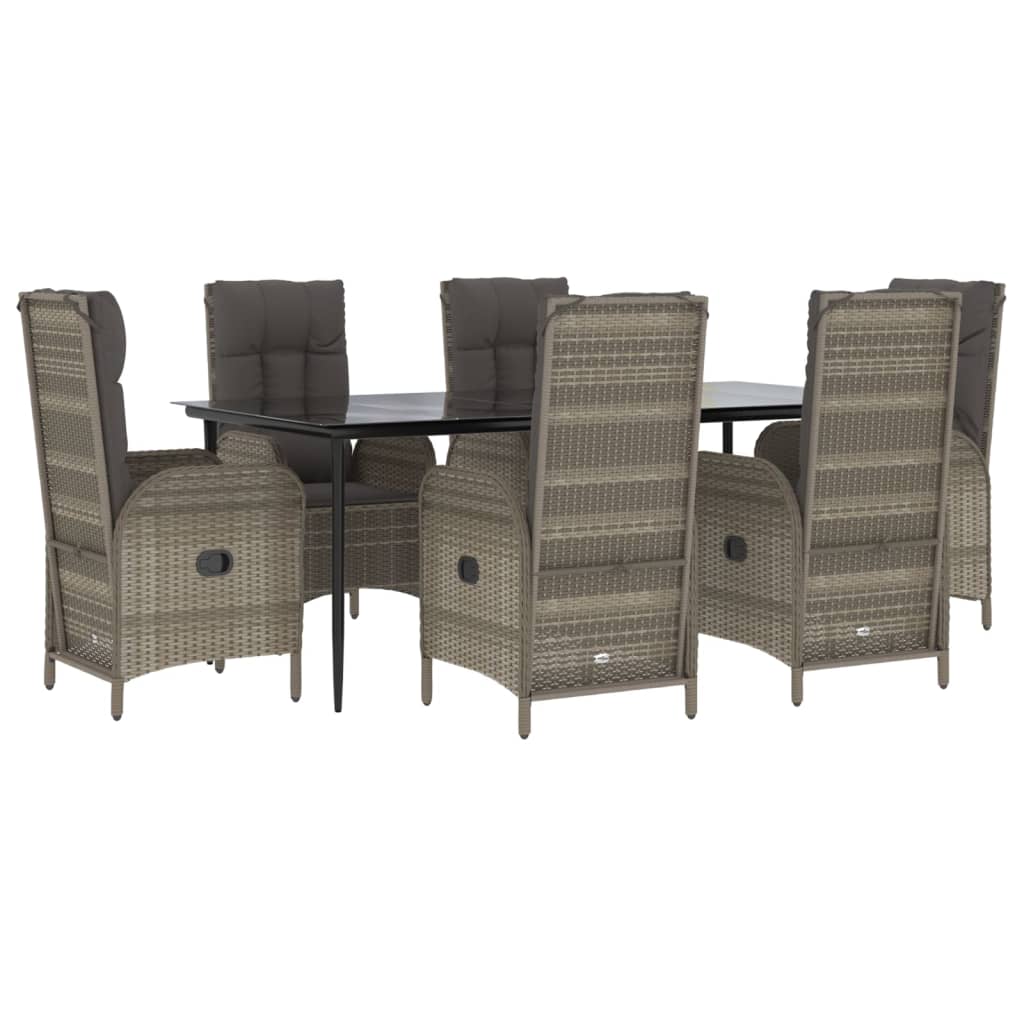 7 pcs conjunto jantar jardim c/ almofadões vime PE preto/cinza