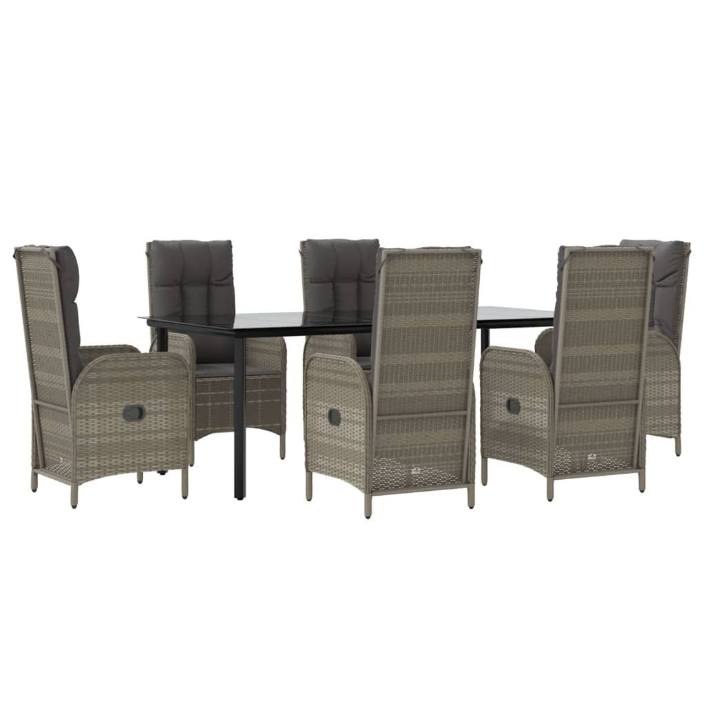 7 pcs conjunto jantar jardim c/ almofadões vime PE preto/cinza
