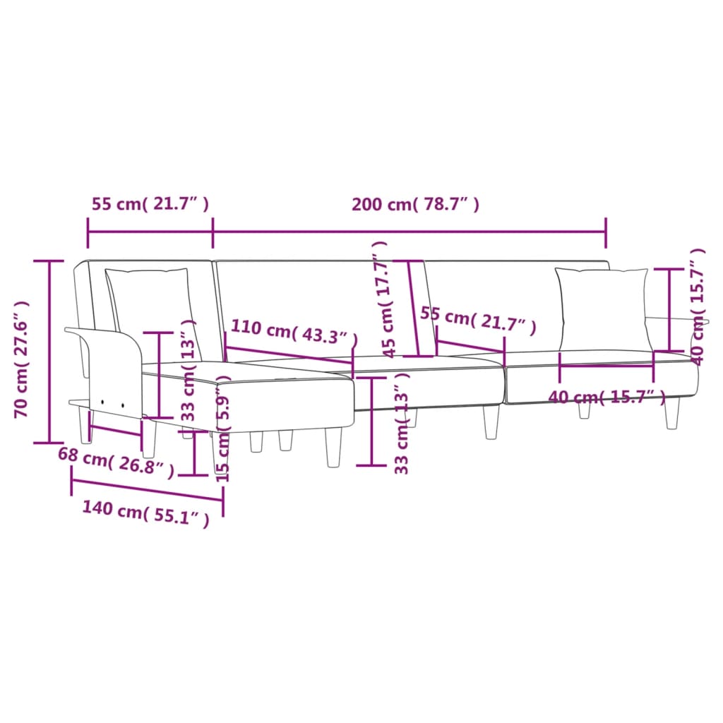 L-shaped sofa bed 279x140x70 cm light grey fabric
