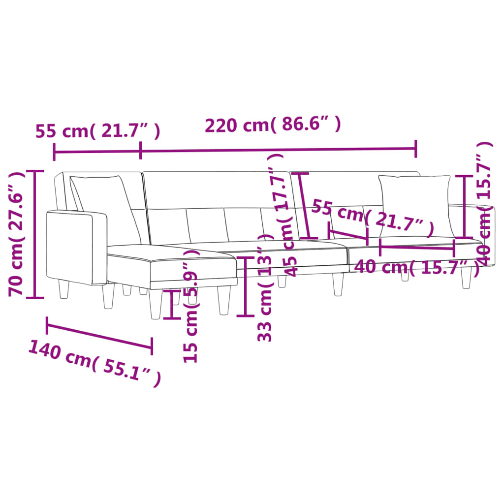 Sofá-cama em forma de L 275x140x70 cm tecido cinzento-claro
