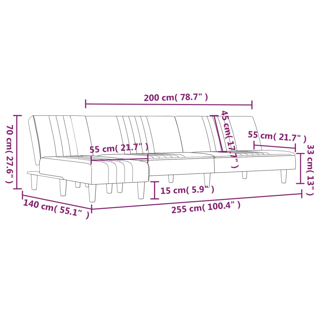 Sofá-cama em forma de L 255x140x70 cm tecido cinzento-claro