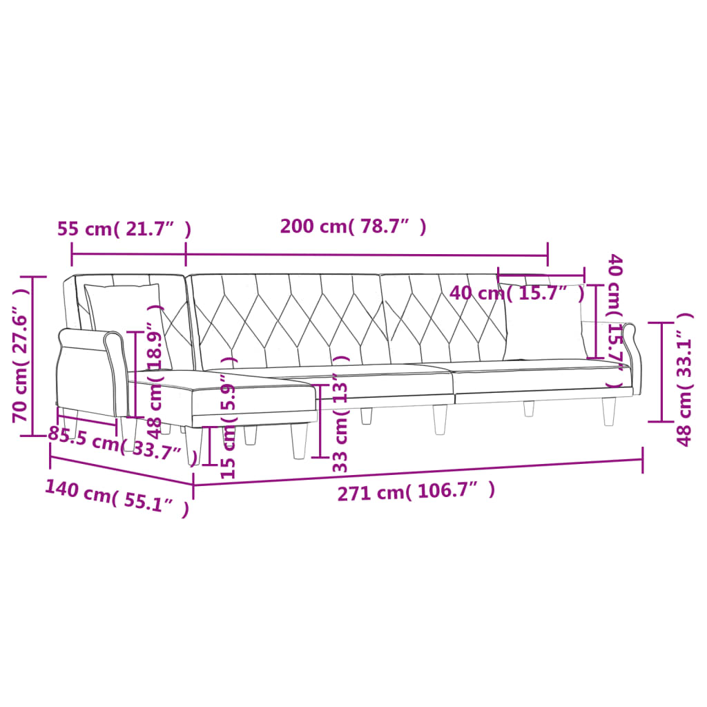 L-shaped sofa bed 271x140x70 cm light grey velvet