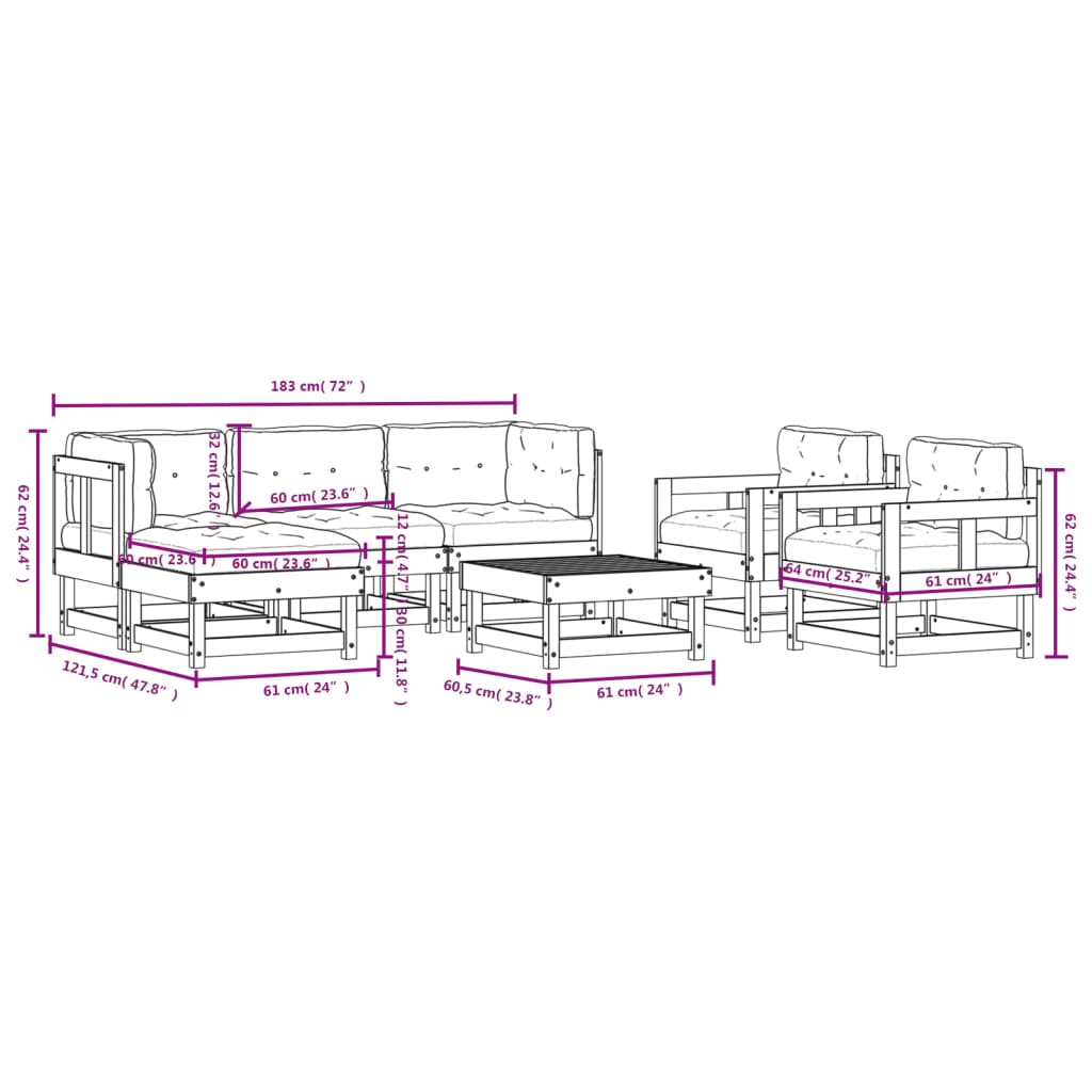 7 pcs conjunto lounge de jardim com almofadões madeira maciça