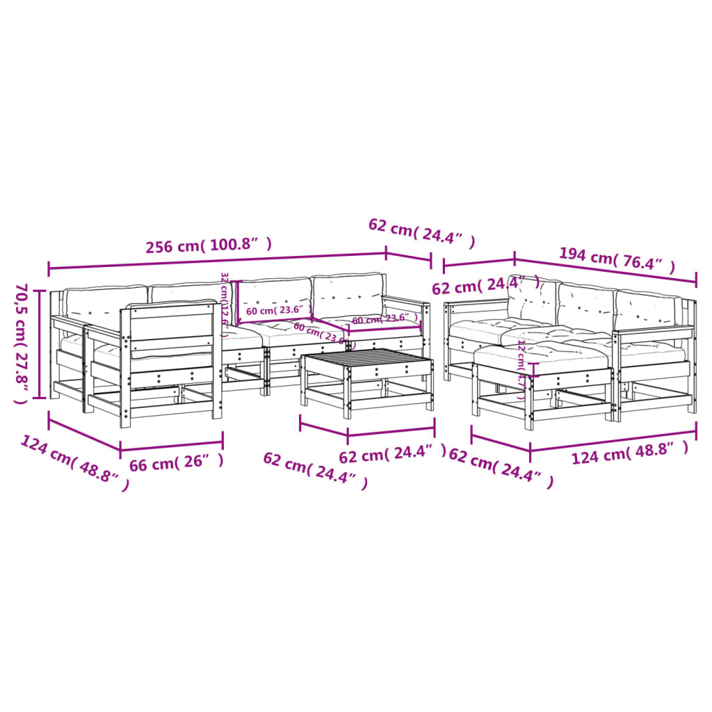 10 pcs conjunto lounge de jardim c/ almofadões pinho impregnado