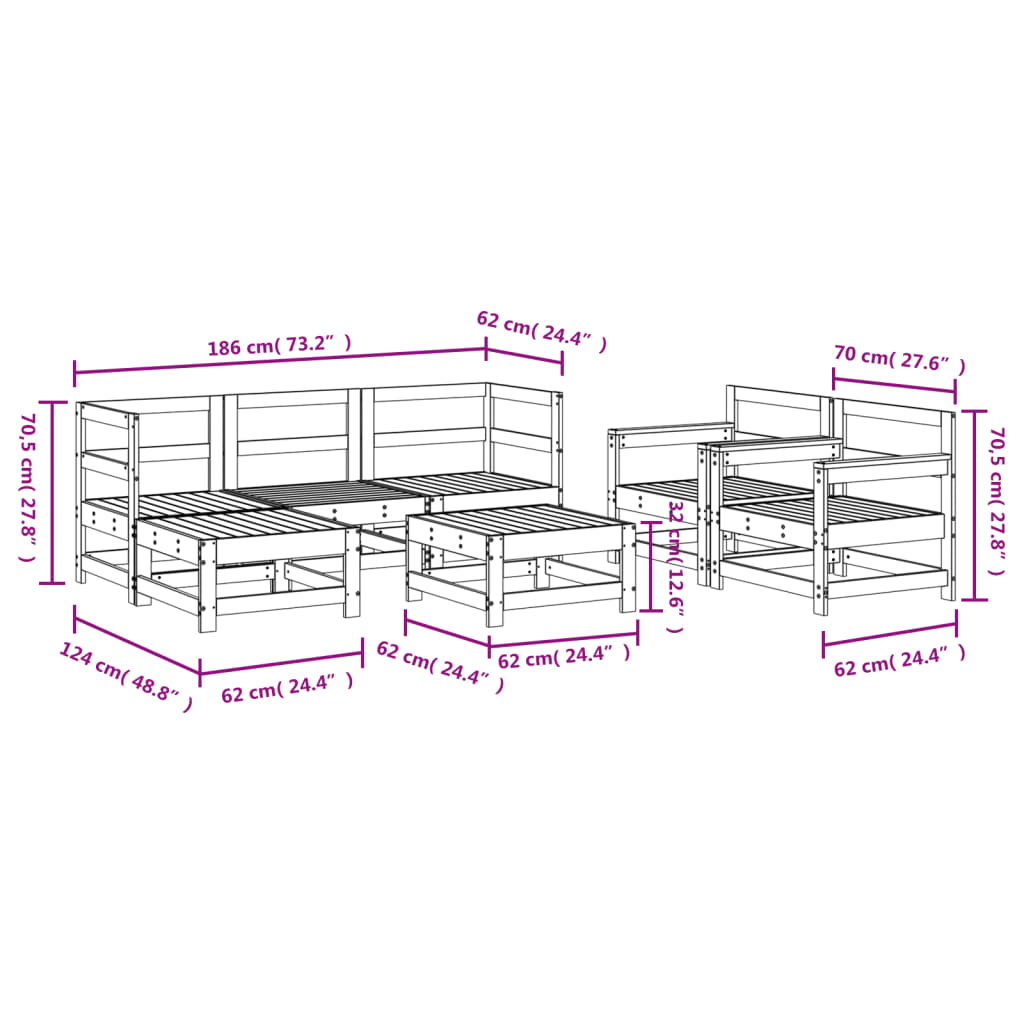 7 pcs conjunto lounge de jardim madeira de douglas maciça