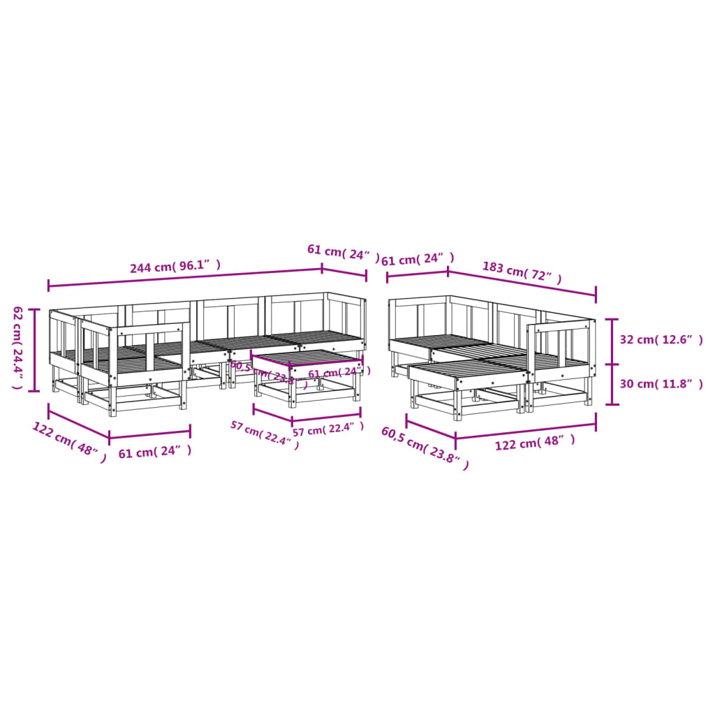 10 pcs conjunto lounge de jardim pinho maciço