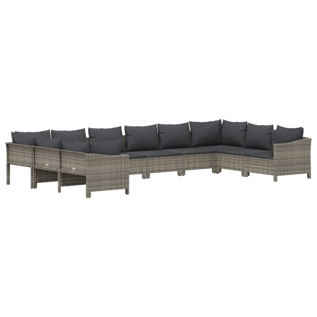 10 pcs conjunto lounge de jardim c/ almofadões vime PE cinzento