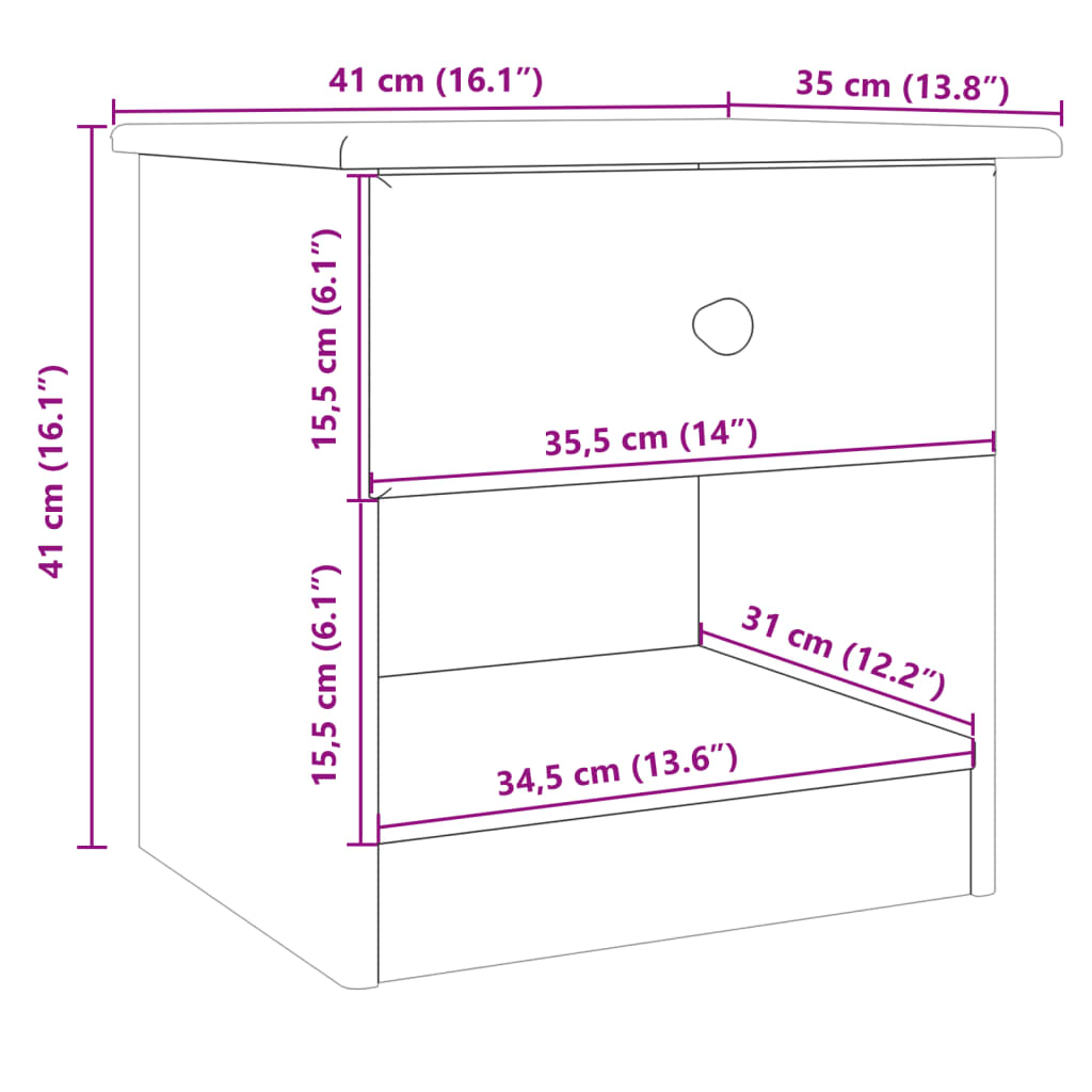 HIGH bedside table 41x35x41 cm solid pine white