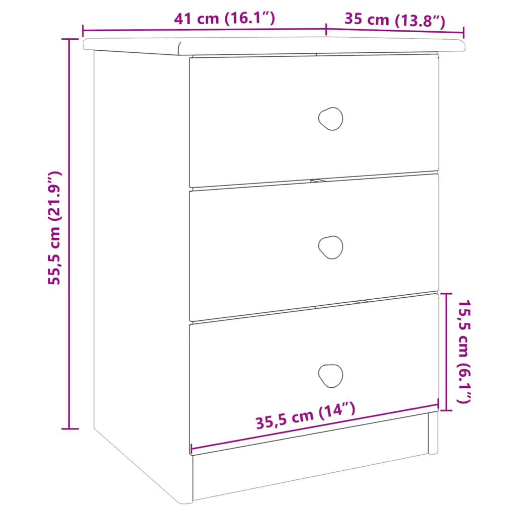 HIGH bedside table 41x35x55.5 cm solid pine wood