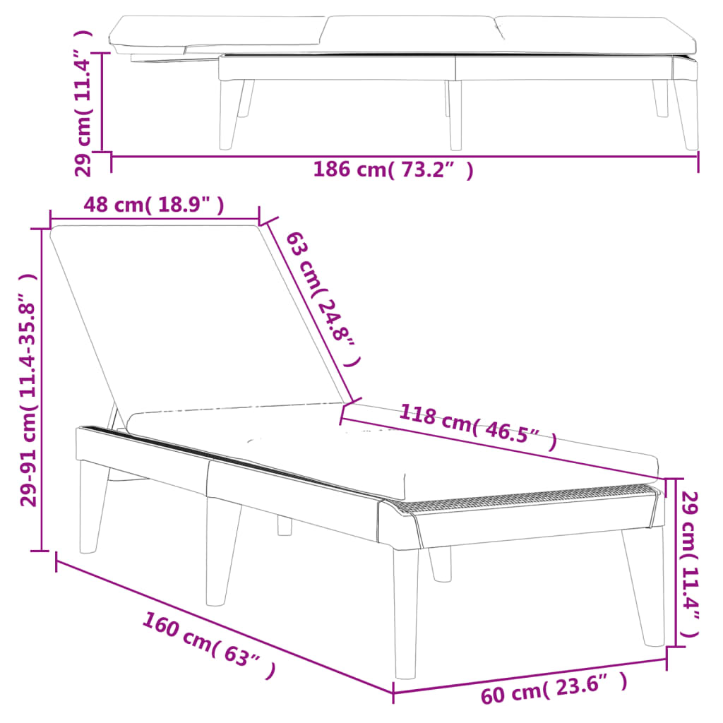 Sun lounger with cushion 186x60x29 cm PP anthracite
