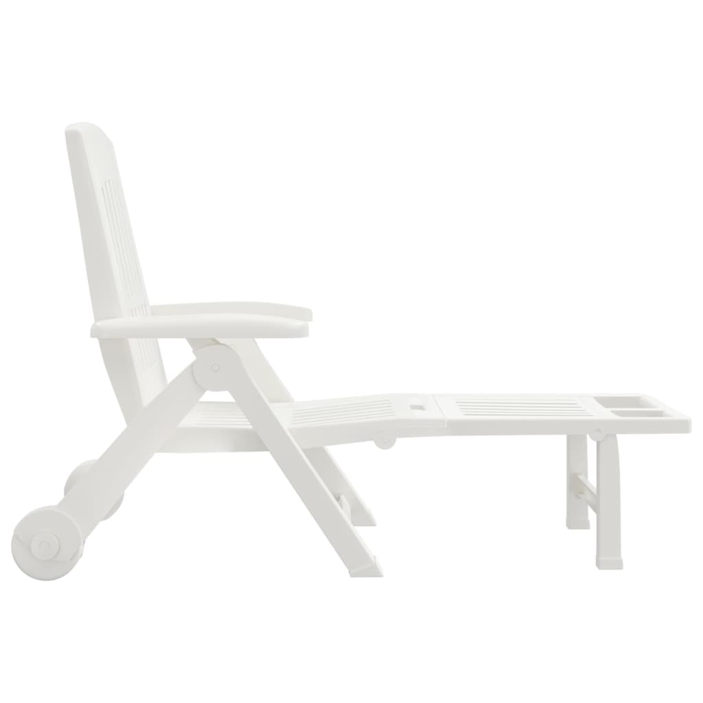 Folding sun lounger with wheels PP white