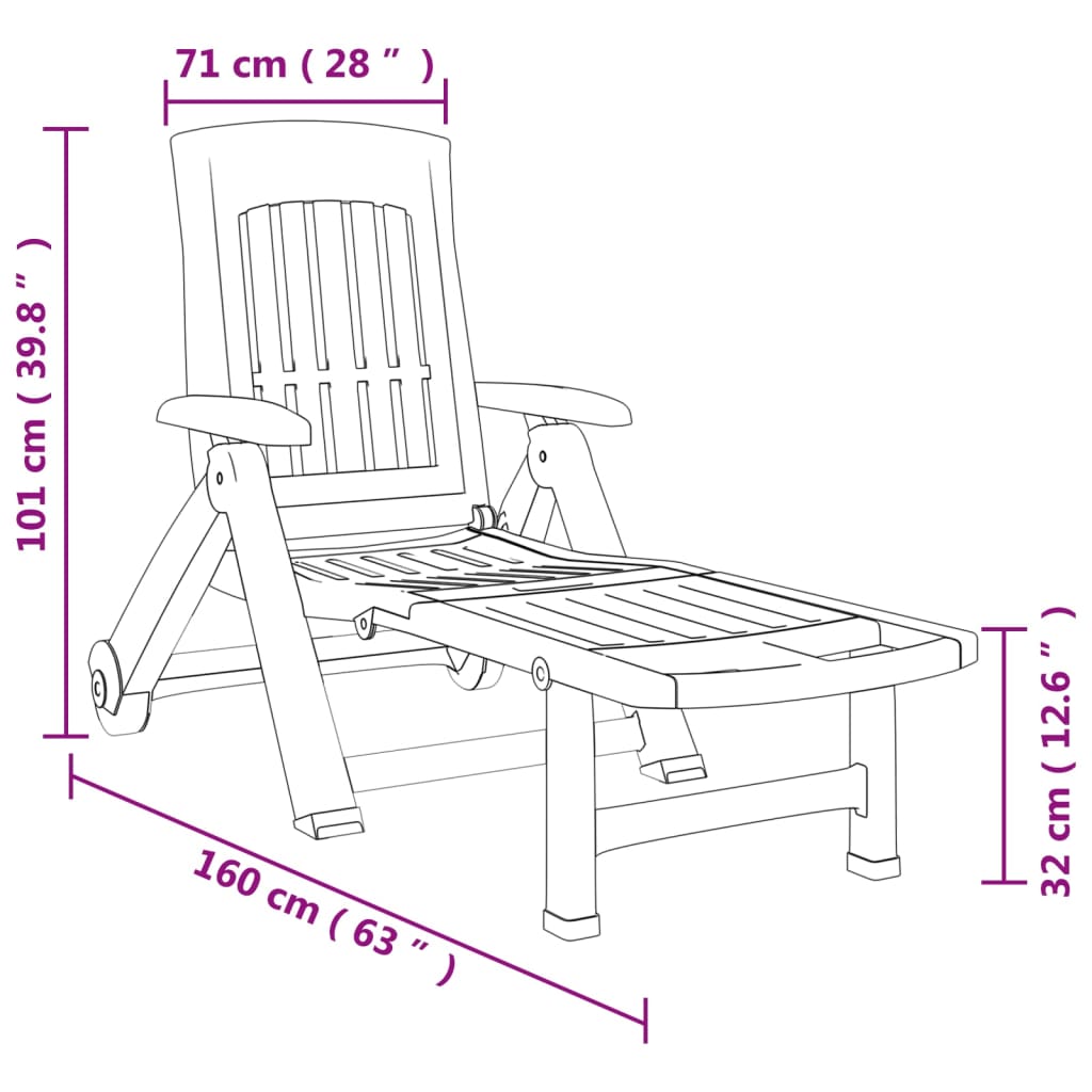 Folding sun lounger with wheels PP white