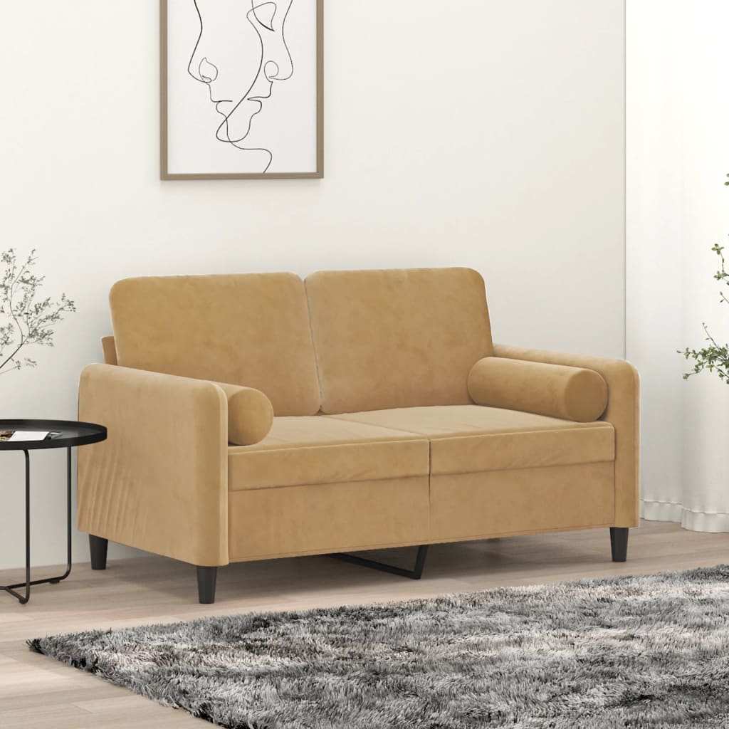2-seater sofa with decorative cushions 120 cm brown velvet