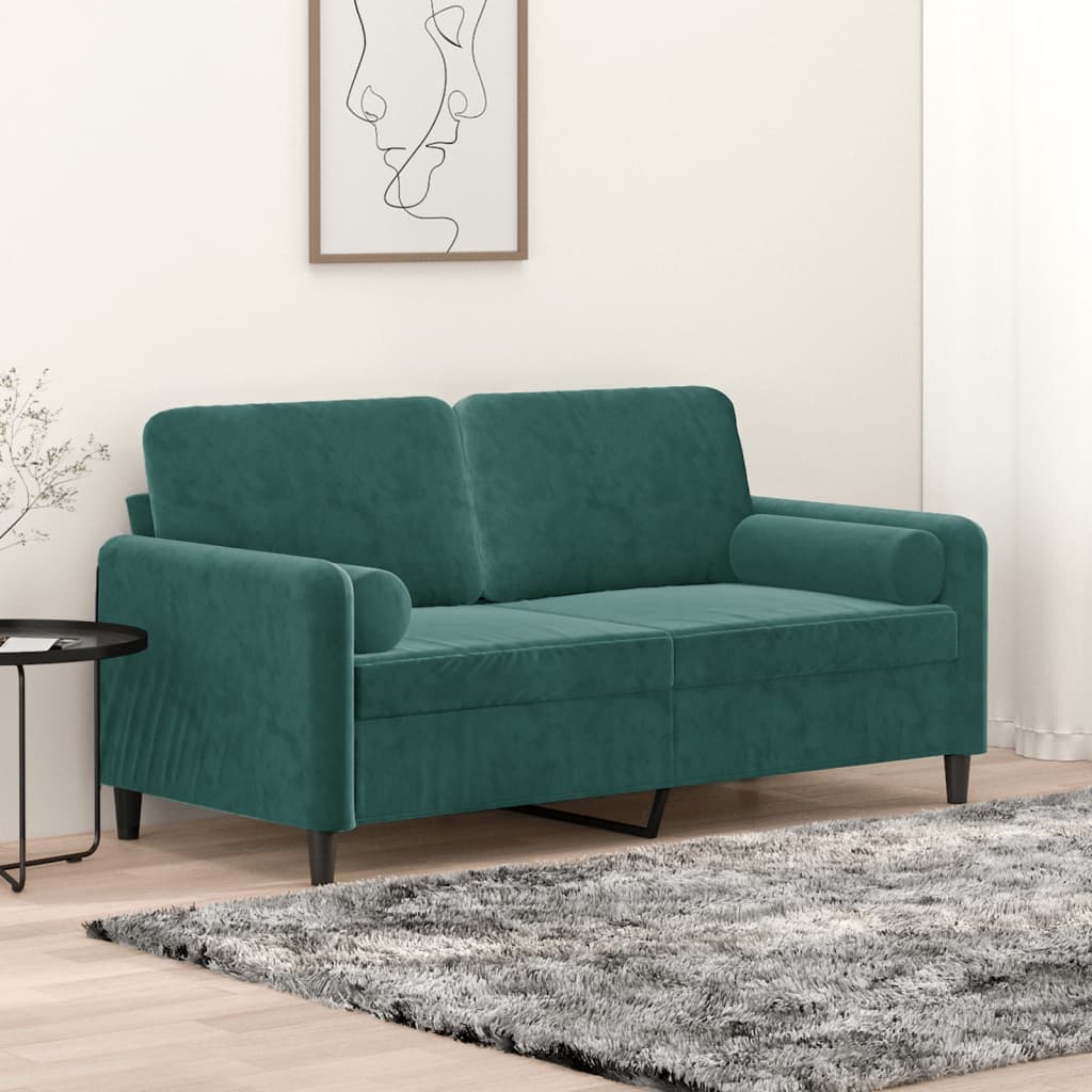 2-seater sofa with decorative cushions 140cm dark green velvet