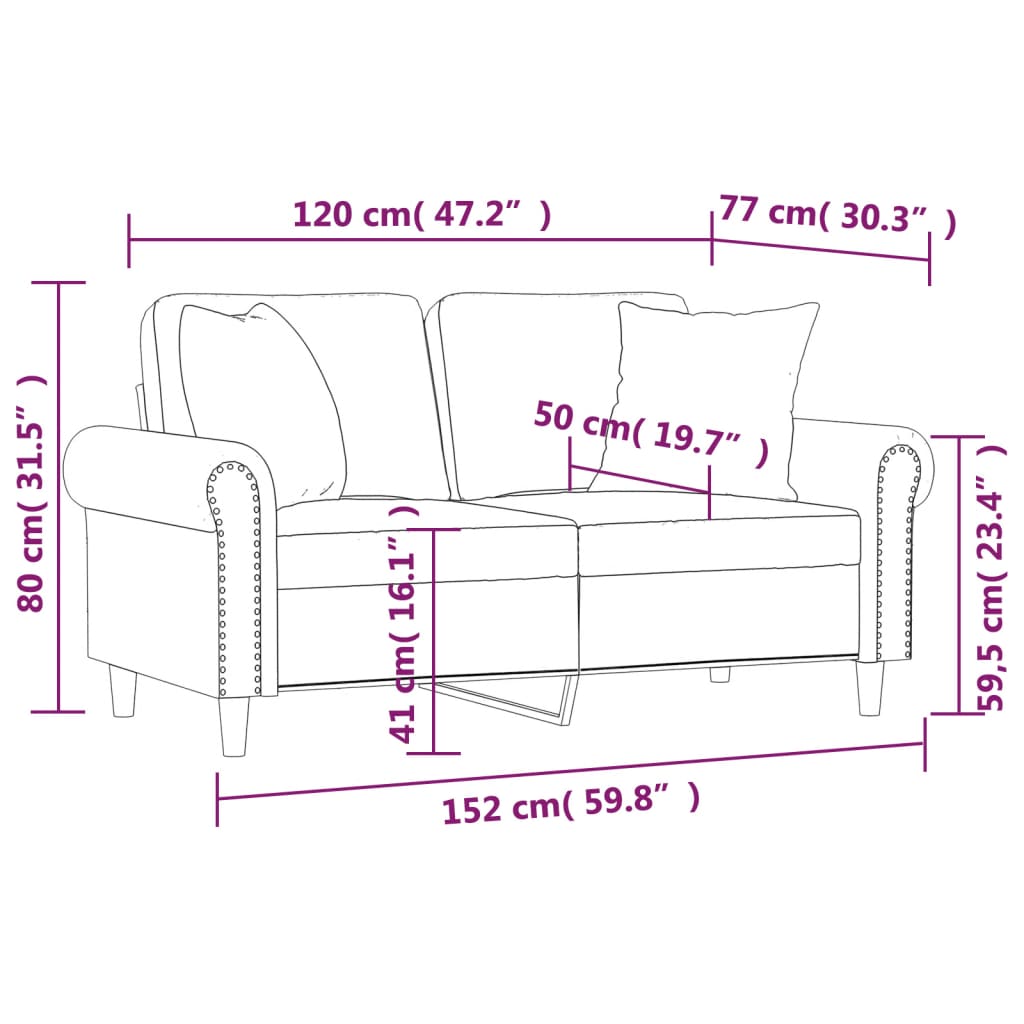 2-seater sofa + decorative cushions 120cm light grey velvet