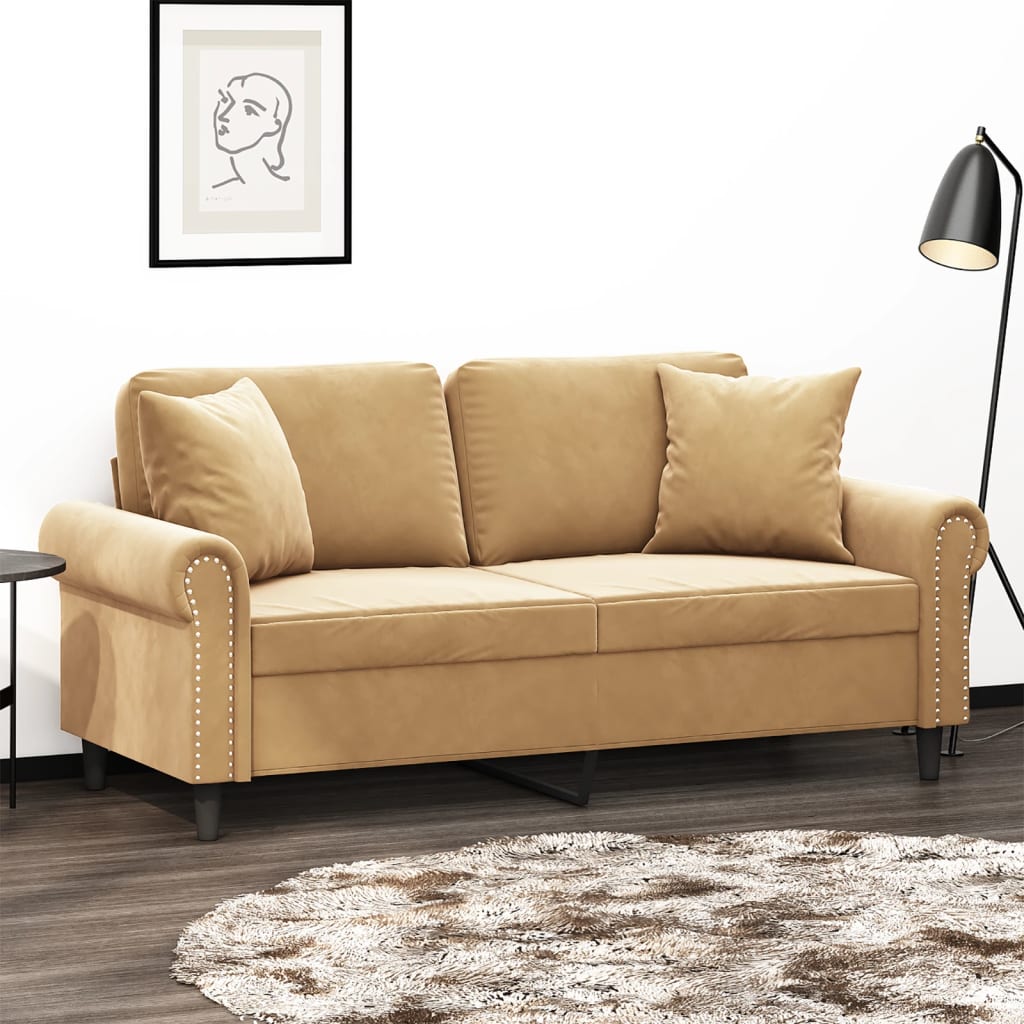 2-seater sofa with decorative cushions 140 cm brown velvet
