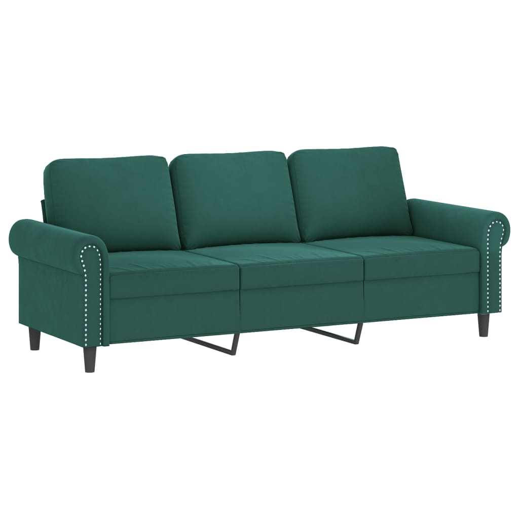 Sofá 3 lug. c/ almofadas decorativas 180 cm veludo verde-escuro