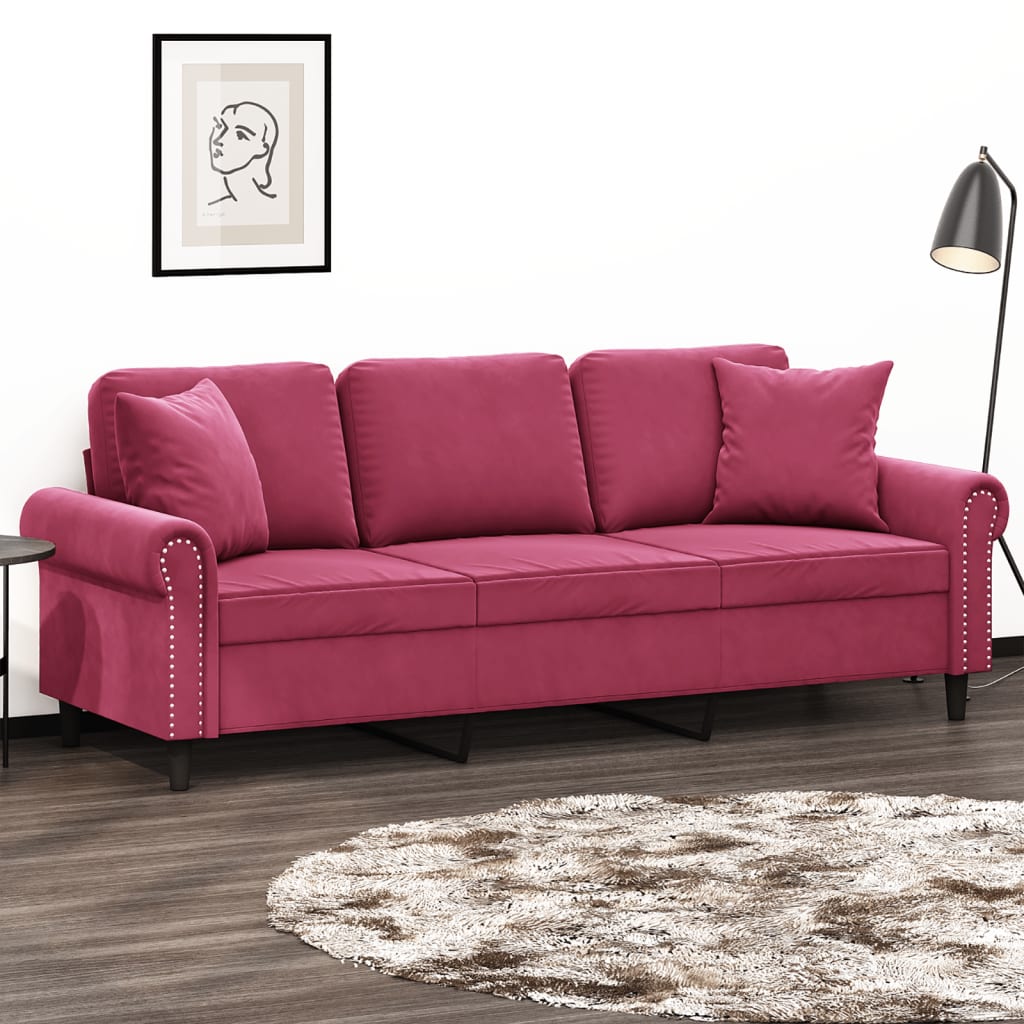 Sofá 3 lug. + almofadas decorativas 180cm veludo vermelho tinto