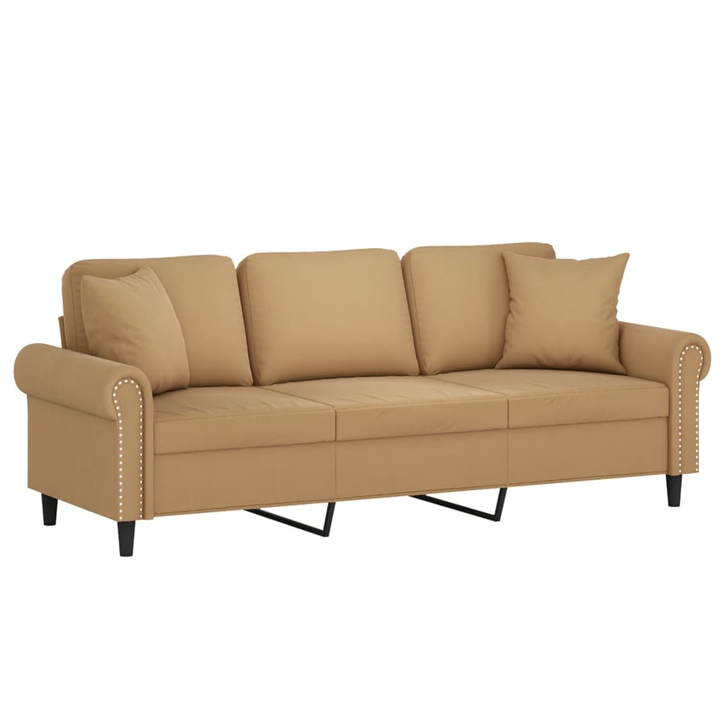 3-seater sofa with decorative cushions 180 cm brown velvet