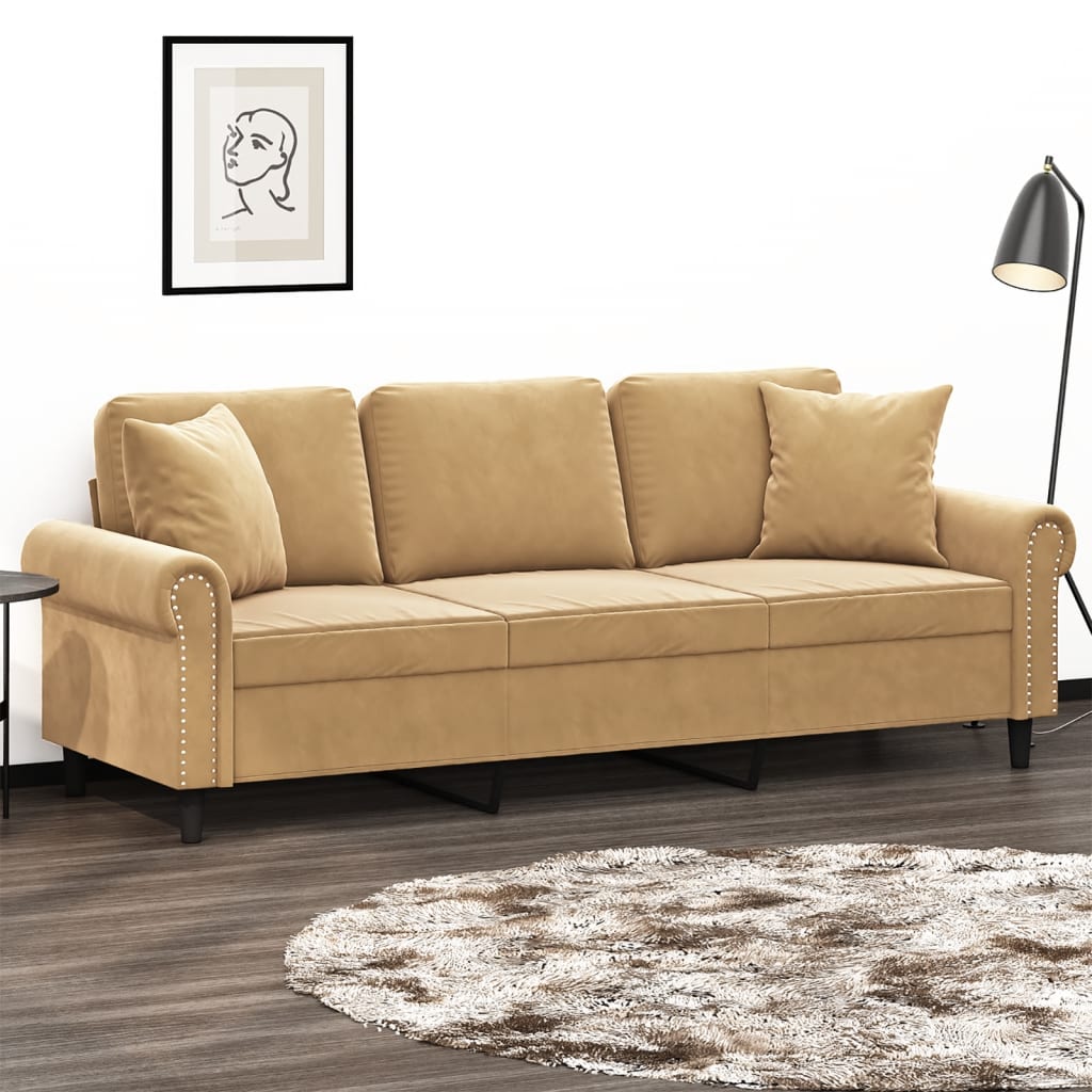 3-seater sofa with decorative cushions 180 cm brown velvet