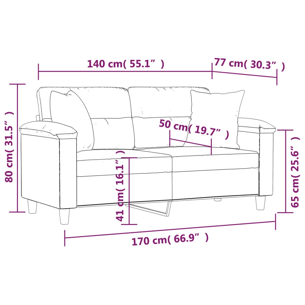 Sofá 2 lugares c/ almofadas 140 cm microfibra cinza-acastanhado