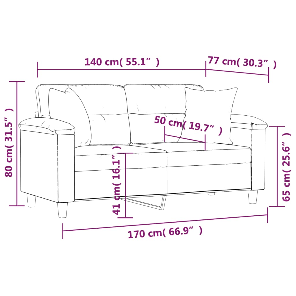 Sofá 2 lugares c/ almofadas 140 cm microfibra preto