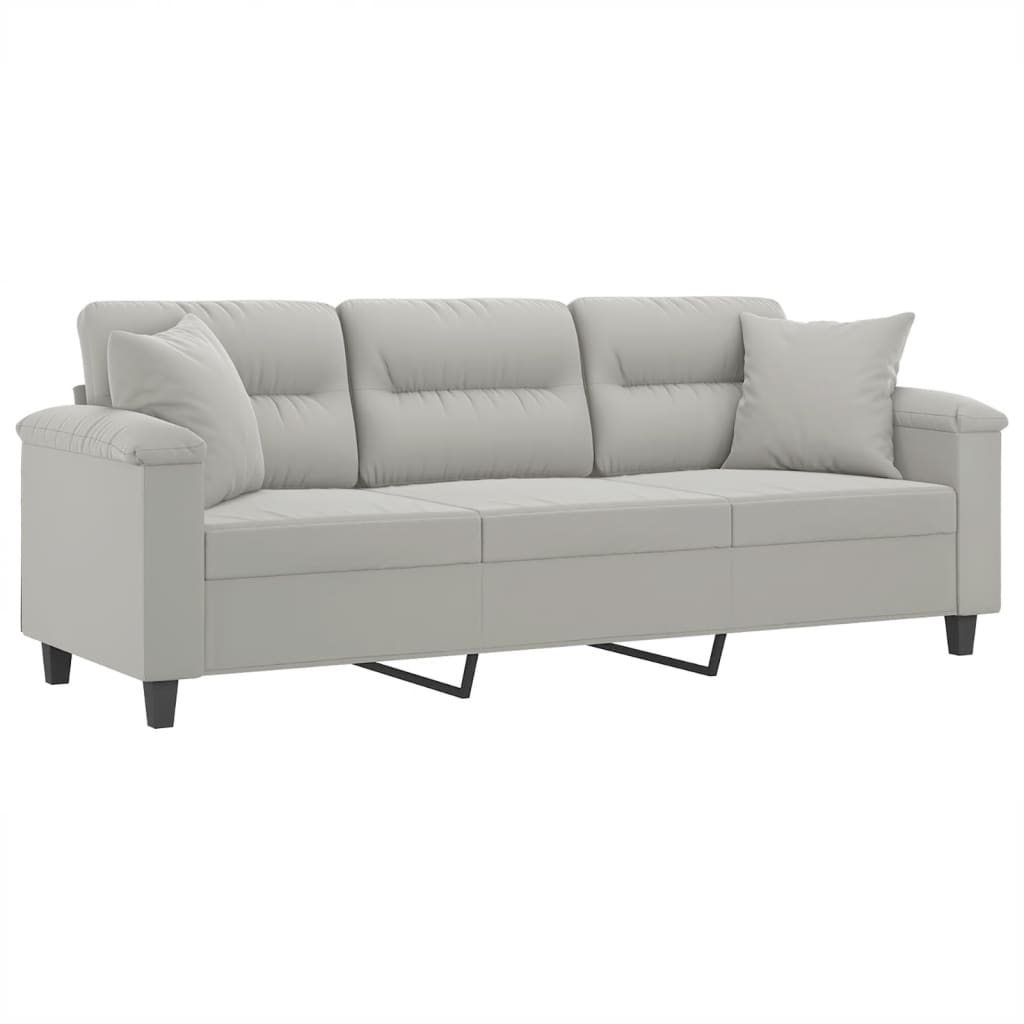 Sofá 3 lugares c/ almofadas 180 cm microfibra cinzento-claro