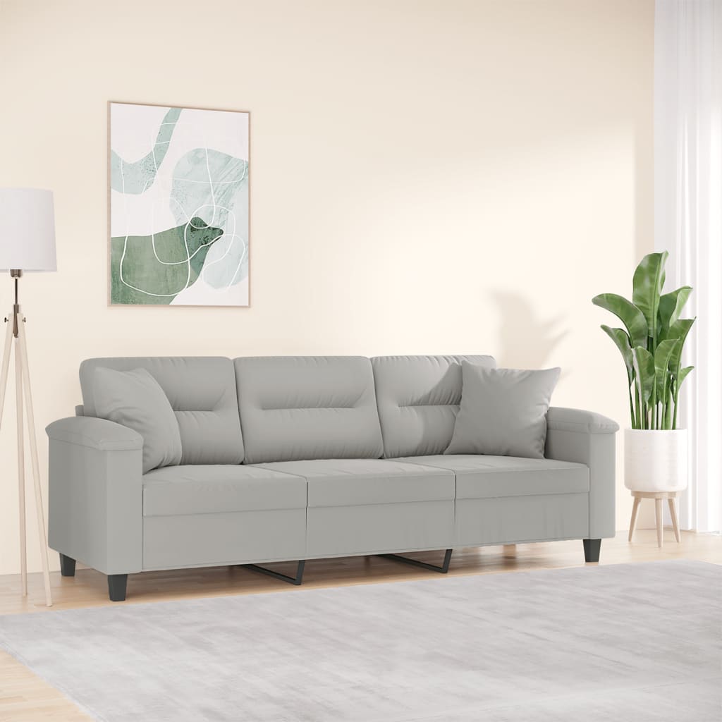 Sofá 3 lugares c/ almofadas 180 cm microfibra cinzento-claro