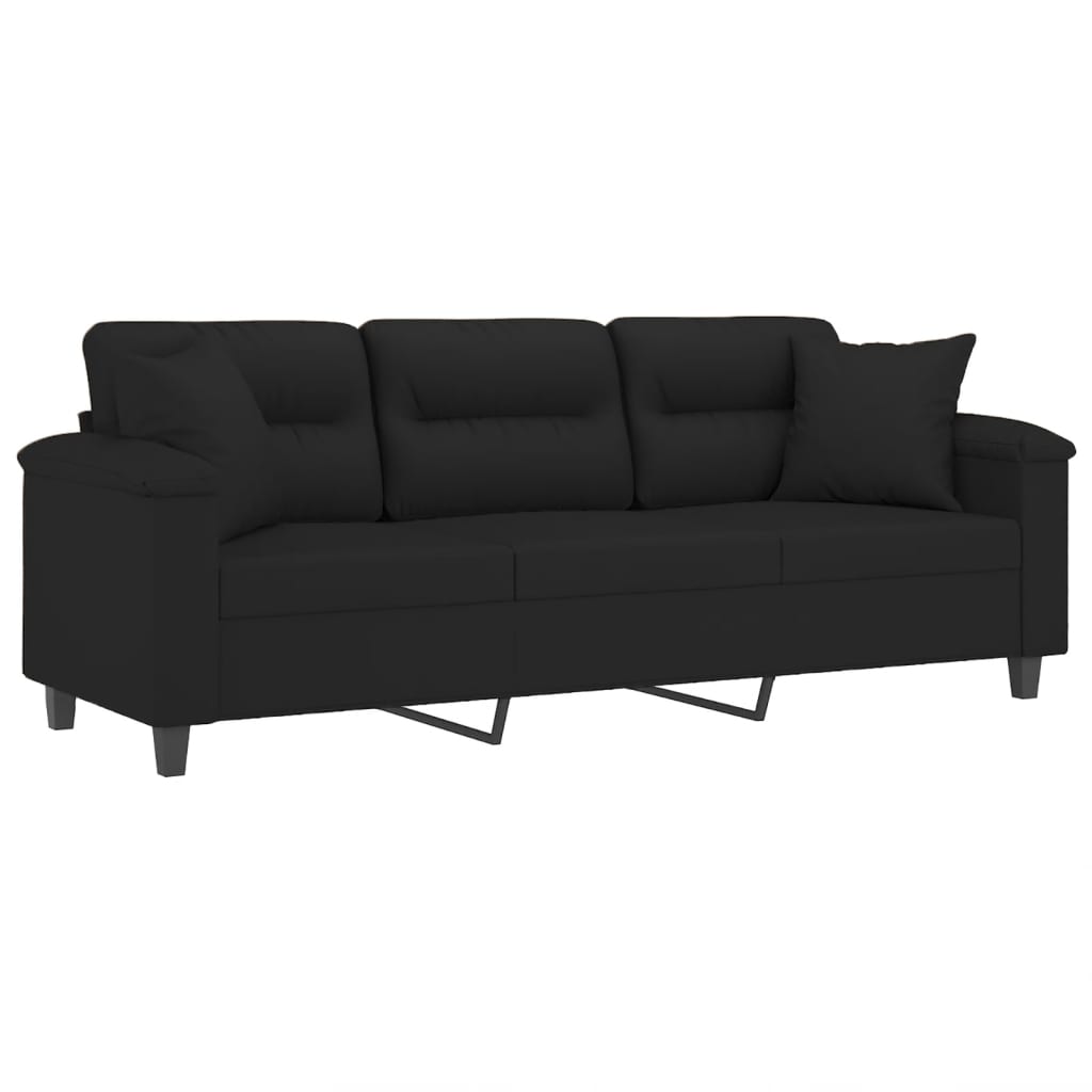 Sofá 3 lugares c/ almofadas 180 cm microfibra preto