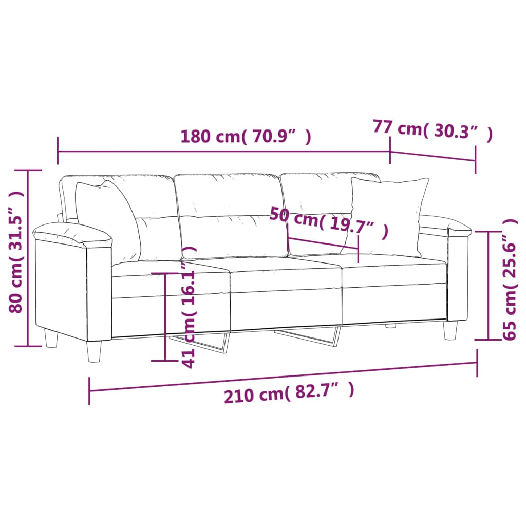 Sofá 3 lugares c/ almofadas 180 cm microfibra preto