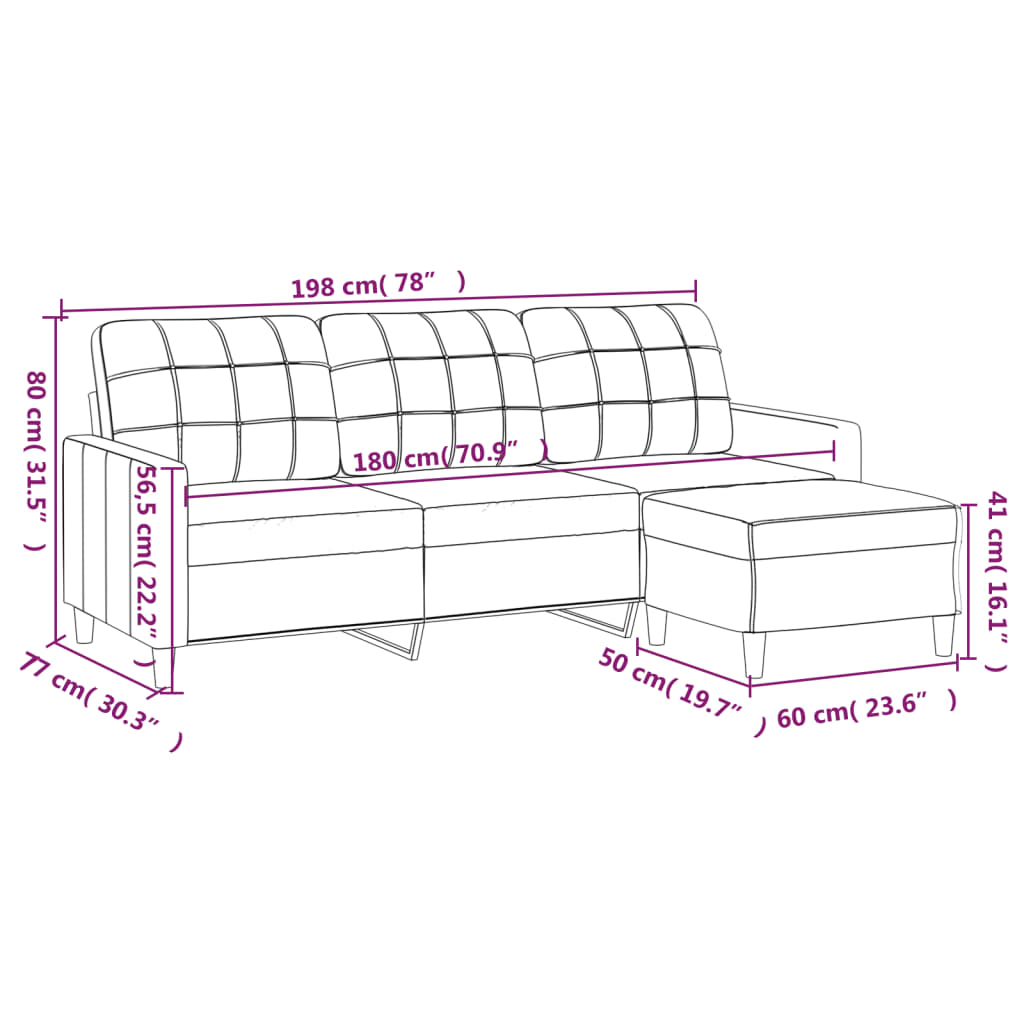 3-seater sofa with footrest 180 cm light yellow fabric