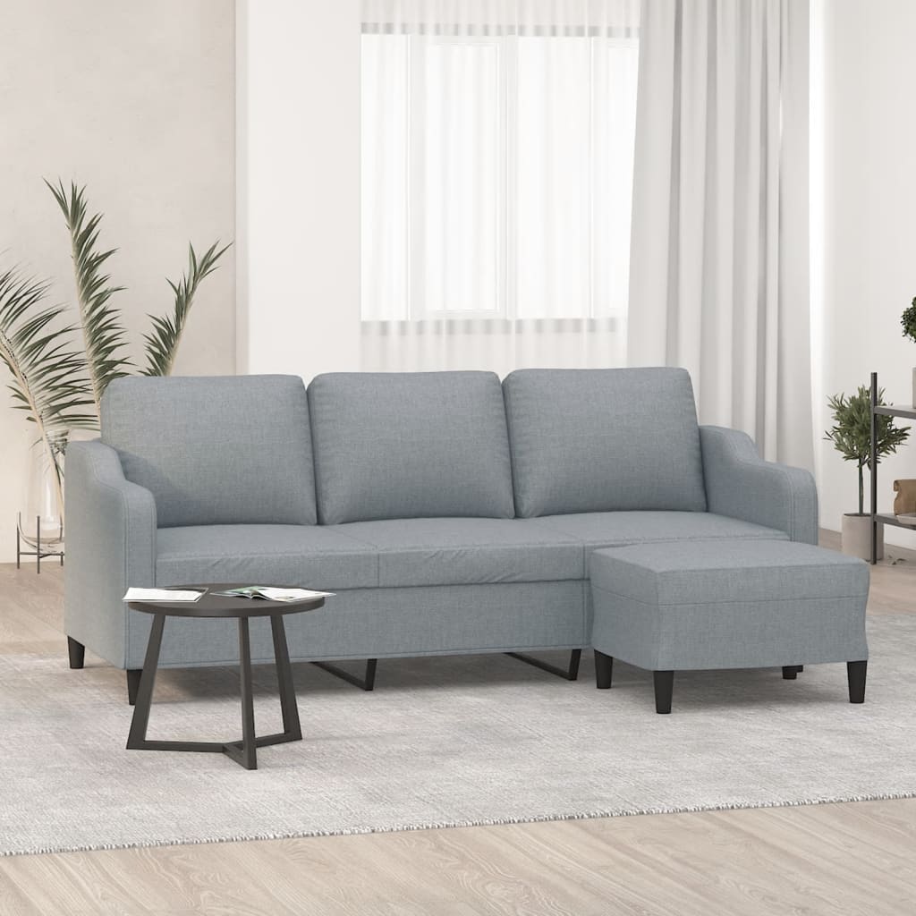 Sofá de 3 lugares com apoio de pés 180 cm tecido cinzento-claro