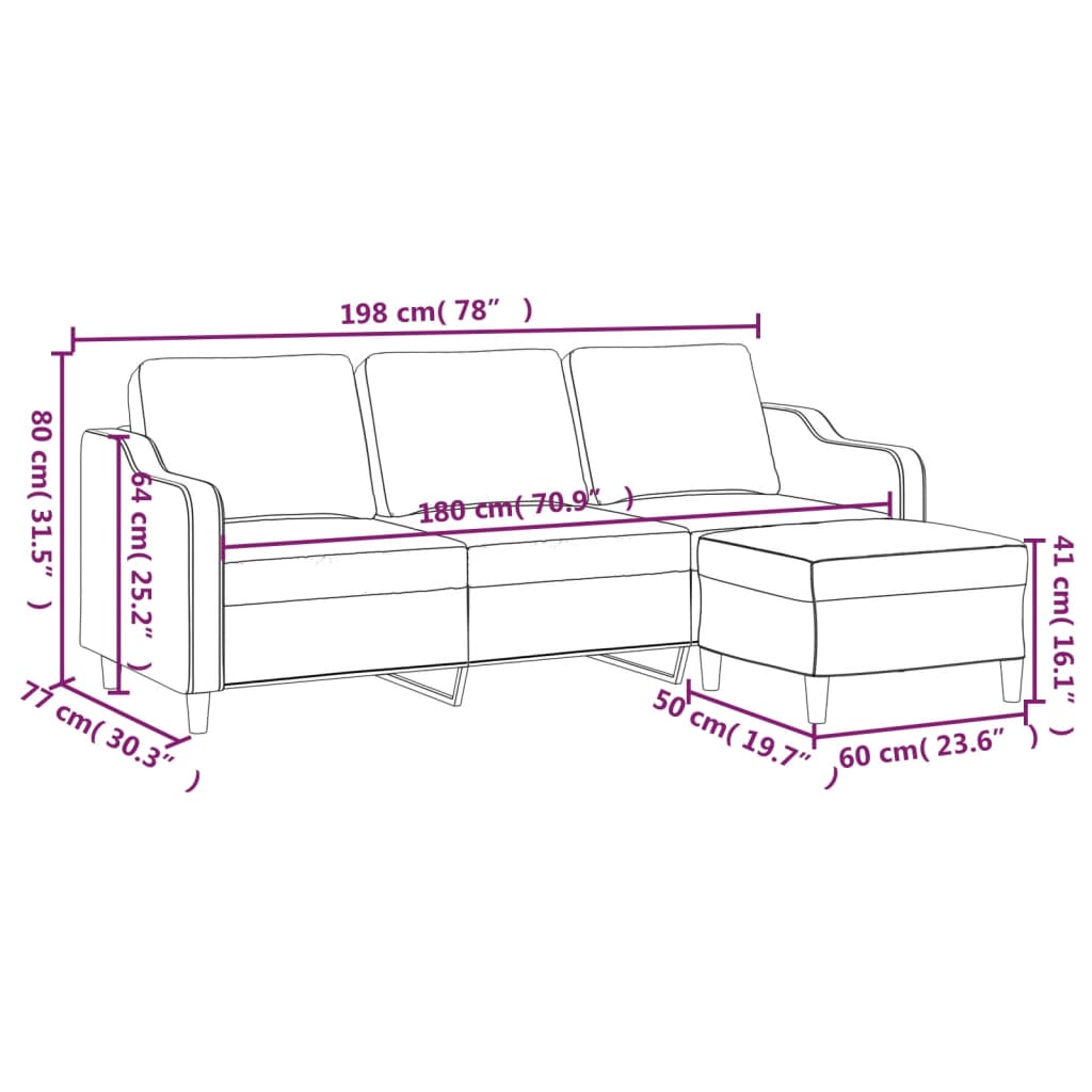 Sofá de 3 lugares com apoio de pés 180 cm tecido cor creme