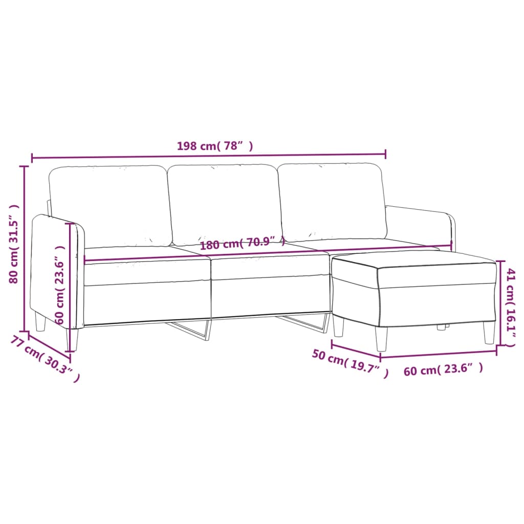 Sofá de 3 lugares com apoio de pés 180 cm veludo cor creme